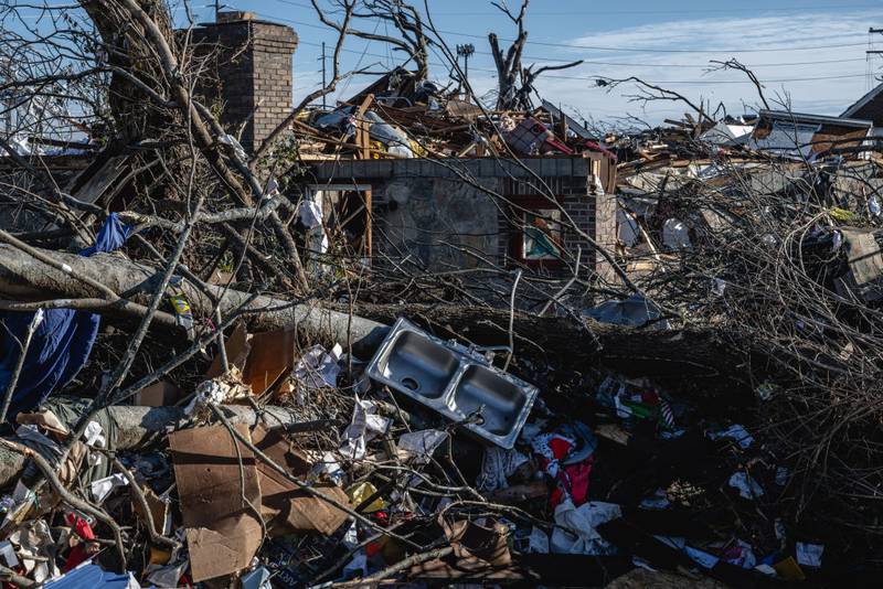 MADISON, TENNESSEE - DECEMBER 10: A destroyed home is seen in the aftermath of a tornado on December 10, 2023 in Madison, Tennessee. Multiple long-track tornadoes were reported in northwest Tennessee on December 9th causing multiple deaths and injuries and widespread damage. (Photo by Jon Cherry/Getty Images)
