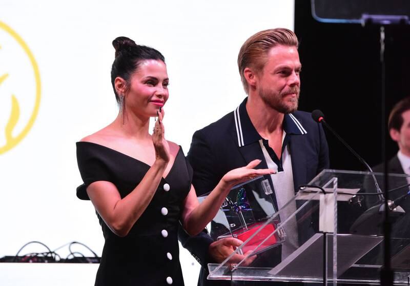 WEST HOLLYWOOD, CALIFORNIA - MAY 12: (L-R) Jenna Dewan and Derek Hough speak onstage during the NAMI West Los Angeles first annual 2023 Mental Health Gala honoring the life & legacy of Stephen “tWitch” Boss at Pacific Design Center on May 12, 2023 in West Hollywood, California. (Photo by Vivien Killilea/Getty Images for National Alliance on Mental Illness Westside Los Angeles )