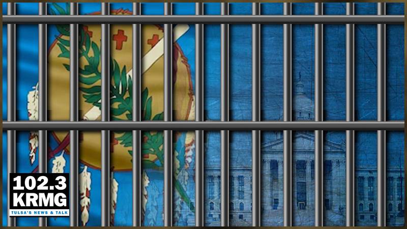 Oklahoma seal and state capitol building behind bars