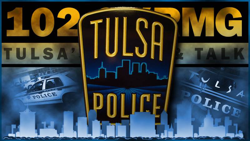 Tulsa police patch over a stylized graphic of the city skyline