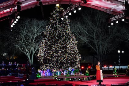 WASHINGTON, DC - NOVEMBER 30: U.S. Interior Secretary Deb Haaland speaks during the Lighting Ceremony of the National Christmas Tree in President's Park in the Ellipse of the White House on November 30, 2023 in Washington, DC. High winds toppled the tree on Tuesday but workers were able to right the 40-foot Norway spruce, which was planted just two weeks ago to replace another tree, planted in 2021, that had developed a fungal disease. (Photo by Nathan Howard/Getty Images)