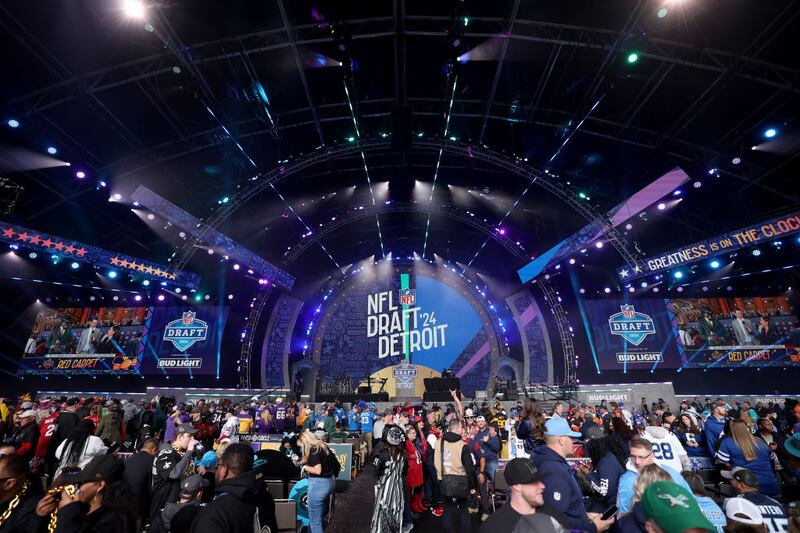 DETROIT, MICHIGAN - APRIL 25: Fans gather prior to the first round of the 2024 NFL Draft at Campus Martius Park and Hart Plaza on April 25, 2024 in Detroit, Michigan. (Photo by Gregory Shamus/Getty Images)