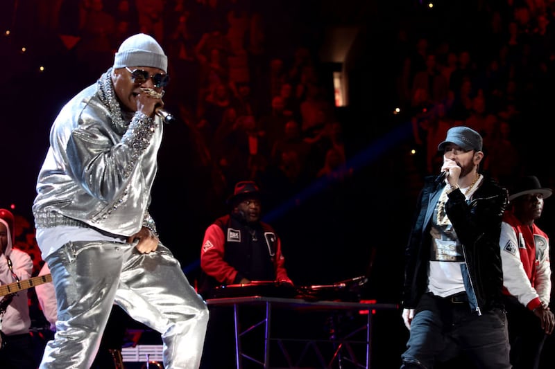 CLEVELAND, OHIO - OCTOBER 30: LL Cool J and Eminem perform onstage during the 36th Annual Rock & Roll Hall Of Fame Induction Ceremony at Rocket Mortgage Fieldhouse on October 30, 2021 in Cleveland, Ohio. (Photo by Dimitrios Kambouris/Getty Images for The Rock and Roll Hall of Fame )